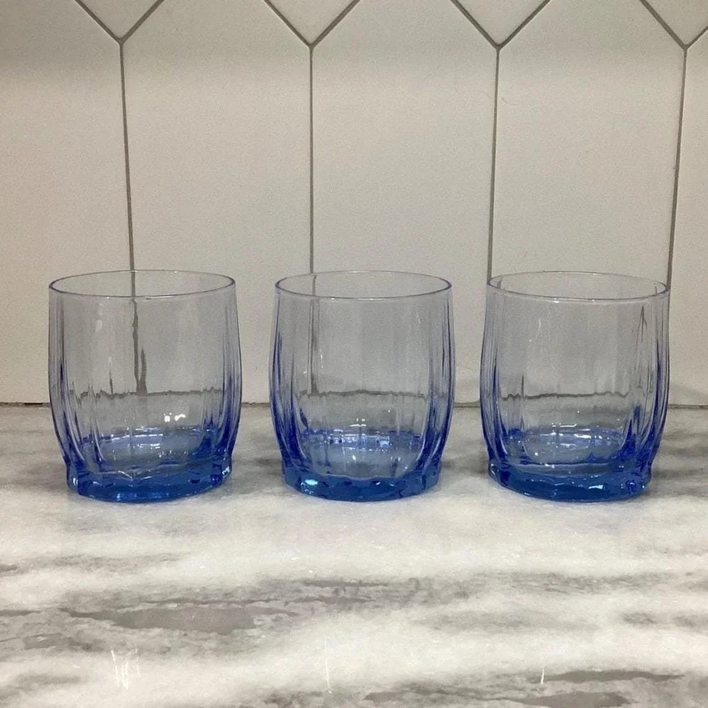 Oneida Valor Blue Juice‎ Glasses, Set of 3, Vintage Pasabahce Ribbed Tumblers